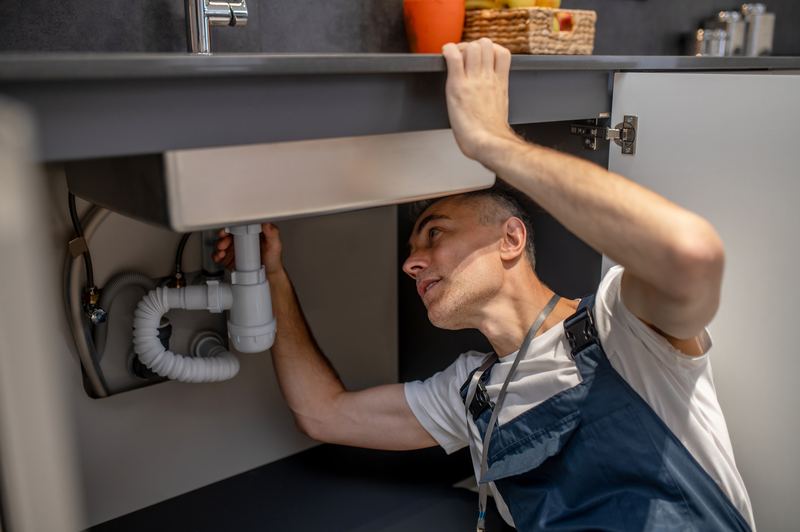 Profesional revisando las conexiones bajo el fregadero de una cocina