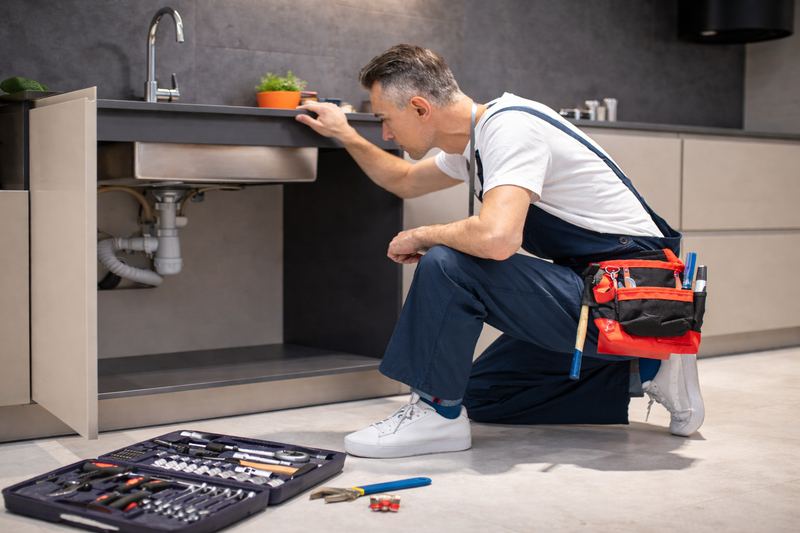 Imagen ilustrativa de un operario revisando el mueble de un fregadero con su maletín de herramientas