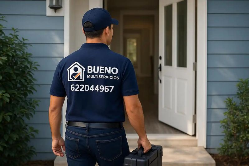 Imagen ilustrativa de un técnico con el uniforme de Multiservicios Bueno frente a la puerta de una vivienda